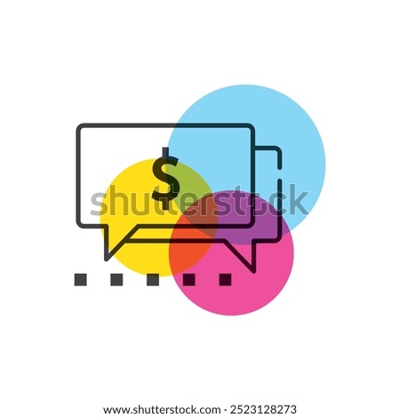 Two speech bubbles with dollar sign on yellow, blue, pink circles