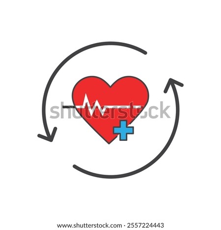 Red heart beat plus sign cyclical arrows showing love and health connections icon