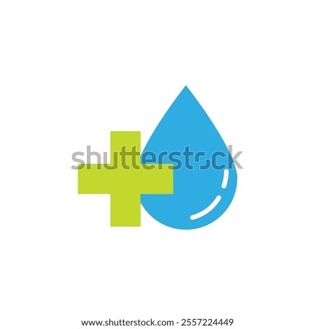 Blue droplet, green plus sign, medical or healthcare concept