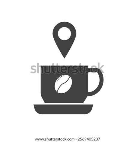 A location pin sits above coffee cup bean inside.