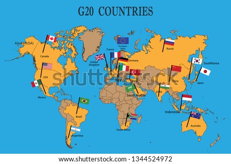 World map of the G20 countries with flags