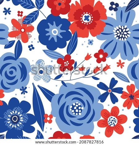 Red, white, and blue colored liberty floral. This repeating vector pattern is colored to celebrate American summer holidays. Bring it to a picnic this July as a surface design or background.