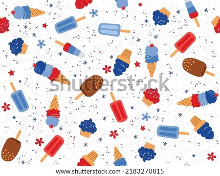 Independence Day seamless vector pattern with American cupcakes and ice cream treats. Popsicle for 4th of July. Patriotic background.