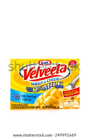 Winneconne, WI - 4 February 2015: Box of Velveeta Shells & Cheese made with 2% Milk. Kraft was founded in 1903 and is located in Northfield, IL.