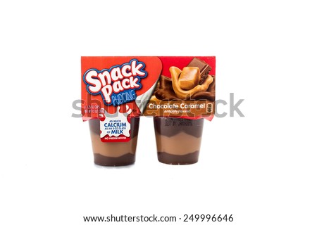 Winneconne, WI - 4 February 2015: Package of Snack Pack Pudding Chocolate Caramel flavor. Created in 1984 as pre-packaged and is now owned by ConAgra Foods.