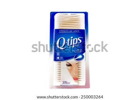 Winneconne, WI - 4 February 2015: Package of 375 Q-tips cotton swabs.  Q-tips have been used for hygiene and cosmetic application.
