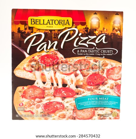 Winneconne, WI - 5 June 2015:  Box of Bellatoria pan frozen pizza with four meats.
