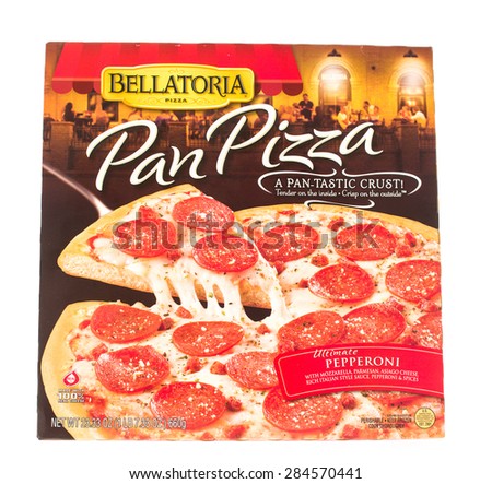 Winneconne, WI - 5 June 2015:  Box of Bellatoria pan frozen ultimate pepperoni pizza.