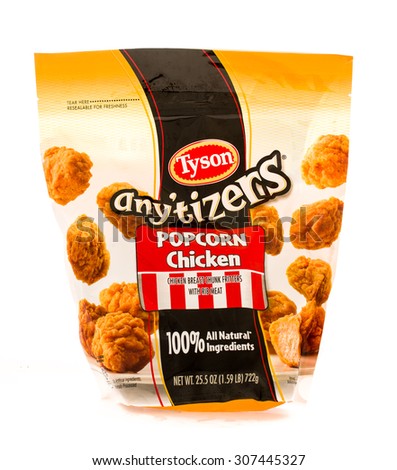 Winneconne, WI - 18 August 2015:  Bag of Tyson any\'tizers popcorn chicken.