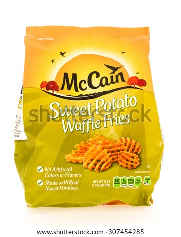 Winneconne, WI - 18 August 2015:  Bag of McCain sweet potato waffle fries.