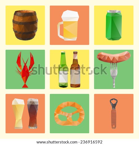 Variations of serving beer, polygon icons . Drink and food labels and signs. Vector symbols and design elements for the restaurant, pub or cafe.