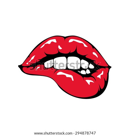 Red lips biting retro icon isolated on white background. Vector illustration.