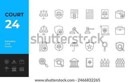 Court Icons set. Containing lawyer, judge, justice, and more. Thin icon collection. Vector illustration.