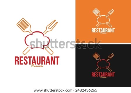 Hat chef with fork and spatula logo design for restaurant or BBQ. Vector illustration template idea