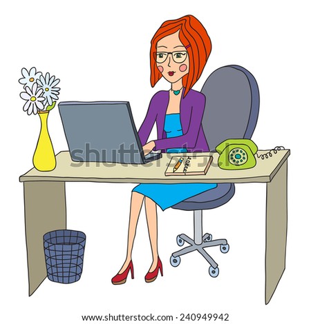 Business Woman Works Behind The Computer Stock Vector Illustration ...