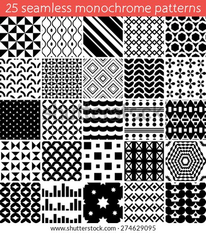 25 seamless monochrome pattern. Vector seamless pattern. Endless texture can be used for printing onto fabric, paper or scrap booking, wallpaper, pattern fills, web page background, surface texture.