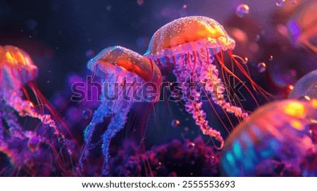 Similar – Image, Stock Photo Jellyfish illuminated with orange light on a colorful background