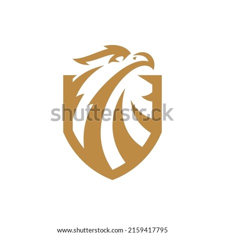 Eagle head and shield logo design. Bird, falcon or hawk badge emblem vector icon