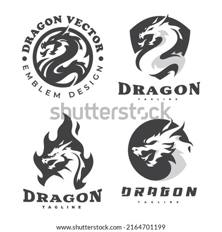 Dragon emblem logo set. Dragon head, circle, shield and fire or flame vector icon collection