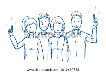 Group of mixed people, some raising hands, concept for voting, volunteering, election. Hand drawn blue outline line art cartoon vector illustration.