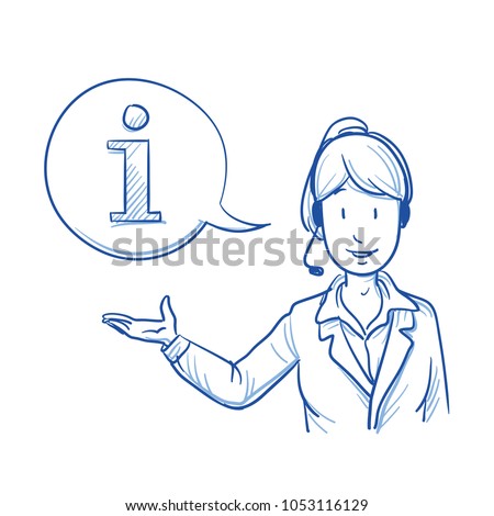 Modern business woman with a headset looking happy offering information, help or telephone support. Hand drawn line art cartoon vector illustration.