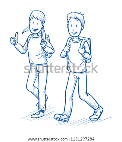 Happy school boy and girl, showing thumb up, with speech bubble. Back to school concept. Hand drawn line art cartoon vector illustration