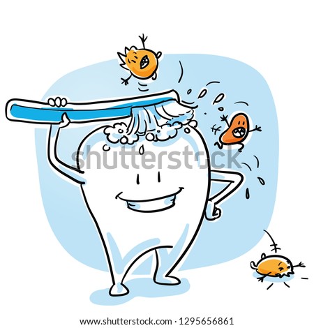 Cute happy cartoon tooth cleaning himself with tooth brush, scaring off bacteria. Hand drawn cartoon sketch vector illustration, whiteboard marker style coloring.