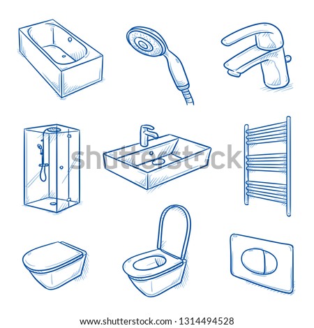 Set of bathroom interior objects: shower, bath tub, water basin, mixing tap, shower head, toilet and radiator. Hand drawn blue line art cartoon vector illustration. 