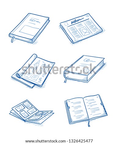 Set of objects as: books and magazines, newspaper, journal and dictionary. Hand drawn blue line art cartoon vector illustration. 