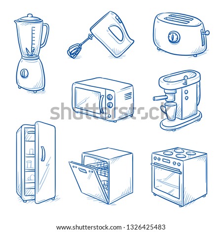 Set of kitchen objects, electric devices as: stove, refridgerator, dish washer, blender, micro wave, toaster, coffee machine. Hand drawn blue line art cartoon vector illustration. 