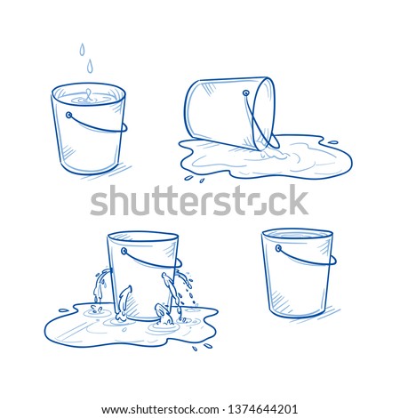 Set of four buckets. Full and empty one, one toppled over and a leaking one in a puddle. Hand drawn doodle vector illustration.