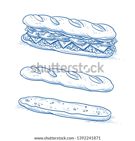 Tasty sub sandwich tasty sandwich with tomato, salad, cheese and ham. And empty sandwich bread without filling. Hand drawn line art cartoon vector illustration. 