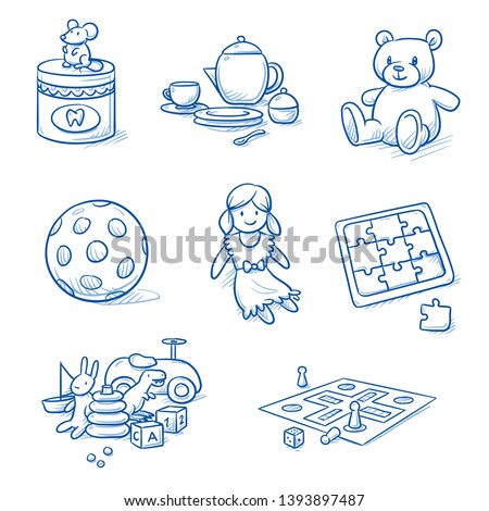 Set of children's toys as doll, ball, doll's dishes, jigsaw puzzle, board game, teddy bear and tooth box. Hand drawn blue line art cartoon vector illustration. 