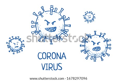 Set of corona virus icons with angry faces for children. Hand drawn line art cartoon vector illustration.Hand drawn blue outline line art cartoon vector illustration.