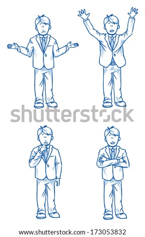 Business man employee illustration in different emotions, questioning, happy, thoughtful and poses, hand drawn sketch - part 2