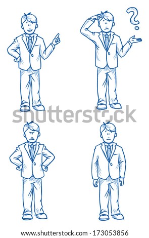 Business man employee illustration in different emotions, angry, happy, thoughtful and poses, hand drawn sketch - part 1