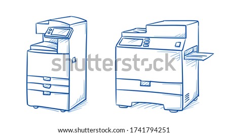 Set of professional office printing devices, multifunctional laser printer and copy machine. Hand drawn line art cartoon vector illustration.