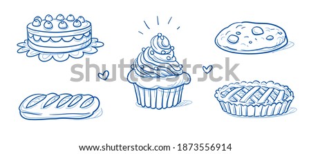Set of sweet bakery goods: cream layer cake, cherry tarte, cup cake, nut cookie and apple pie. Hand drawn doodle vector illustration.