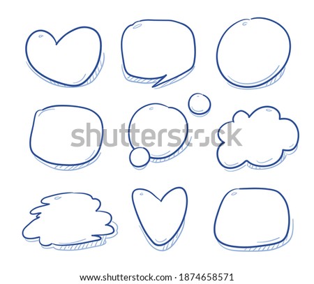 Set of different shapes and sizes of speech bubbles, round, cloud, heart, square.  Hand drawn cartoon doodle vector illustration.