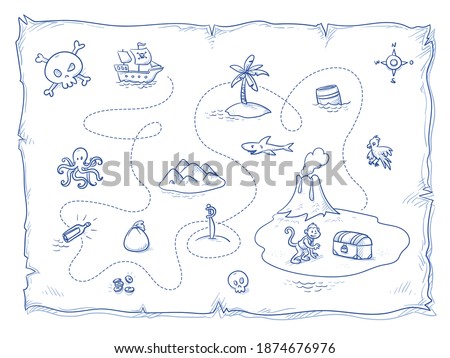 Cute pirate's treasure map with lots of icons and volcano island with treasure chest. Hand drawn blue outline line art cartoon vector illustration.