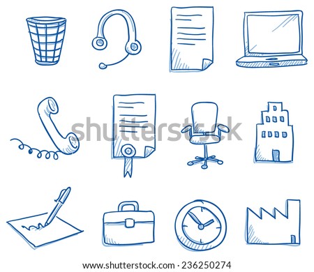 Icon set business office & communication with clock, phone, contract, computer, chair, pen, hand drawn vector doodle