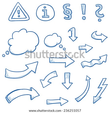 Icon set arrwos & signs with differnet arrows, thought bubble signs, question mark,hand drawn vector doodle