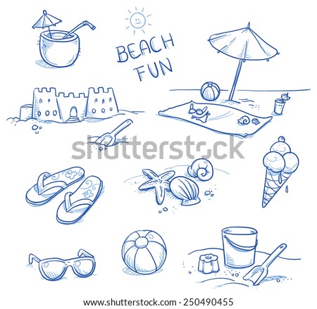 Icon set summer beach holidays, travel, vacation with sand castle, shoes, ice cream, shells, ball, drink, towel, sunglasses, parasol. Hand drawn doodle vector illustration.