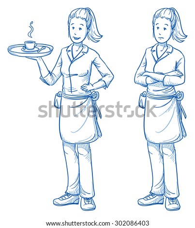 Happy and sad young female waitress with a fresh coffee in one hand, in two emotions. Hand drawn cartoon doodle vector illustration.