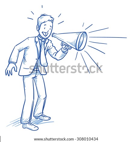 Business man smiling happy while shouting in megaphone, hand drawn doodle vector illustration