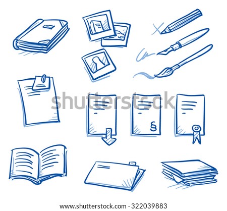 Icon set business files & communication with files, documents, books, photos, contract, pens. hand drawn vector doodle