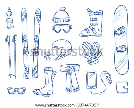 Icon set of ski & winter sports equipment: ski and ski sticks, hat helmet, gloves, shoes, scarf, smart phone. Hand drawn vector illustration