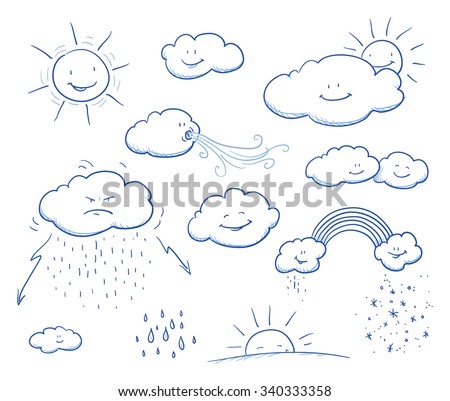 Set of cute cartoon clouds and sun with rain, wind, thunder, rainbow, snow, sunset. Hand drawn vector illustration.