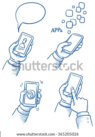 Set of hands with mobile phone. Hand drawn vector cartoon doodle illustration