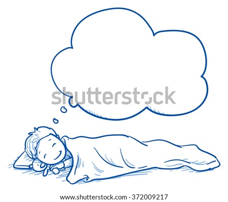 Cute Little Boy Sleeping In His Bed And Dreaming Something. Hand Drawn ...